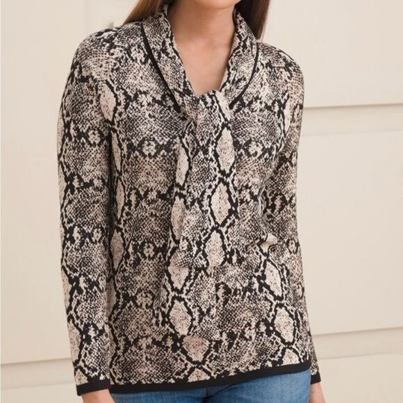 Chico's Double Espresso Python-Print Tie Neck Sweater Size Medium, Chico's 1 - Picture 1 of 13